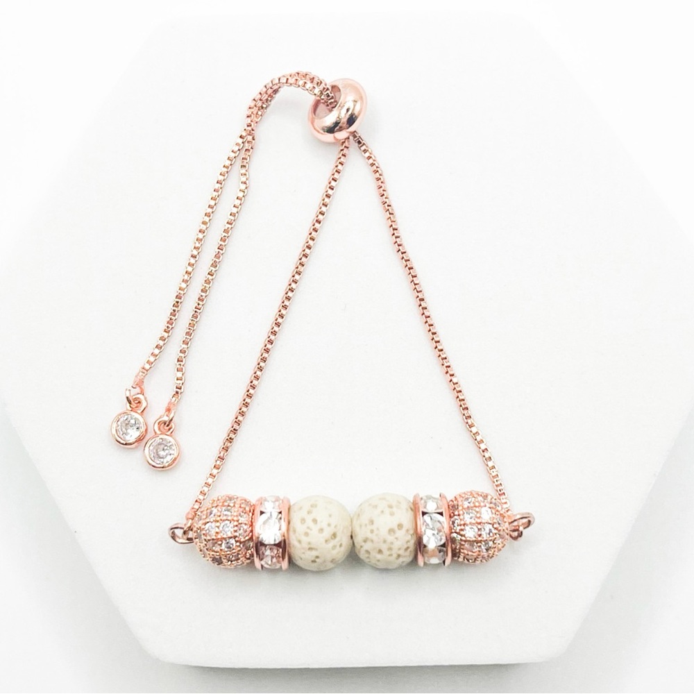 Rose Gold Adjustable Bracelet with Large Lava Stones and Crystal Accents